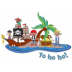 May include: An embroidered design of a pirate ship sailing near a tropical island with a palm tree. Three pirates are on the island, one holding a treasure chest. The text "Yo ho ho!" is below the island.