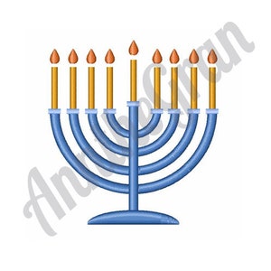 May include: A blue menorah with nine golden candles, a traditional symbol of Hanukkah.