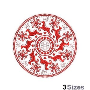 May include: Red embroidered design of a circular snowflake pattern with reindeer and hearts on a white background. The design is perfect for embroidery projects.