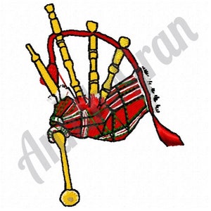 May include: A red and green bagpipe with yellow pipes and a red and white plaid design.