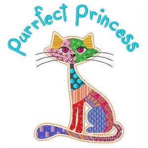 May include: A colorful patchwork cat with a pink nose and green eyes. The cat is sitting with its tail curled around its body. The text "Purrfect Princess" is written in blue above the cat.