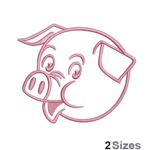 Diseño de bordado a máquina con contorno de cerdo de dibujos animados, 2 tamaños, patrón de bordado con contorno de cabeza de cerdo, diseño de bordado de animal feliz