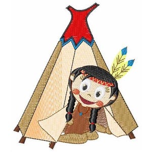 May include: An embroidered design of a Native American girl sitting inside a teepee. The teepee is brown and beige with a red top and blue and white trim. The girl has black hair, brown eyes, and is wearing a brown dress with a beaded necklace. She has a yellow and blue feather headdress.