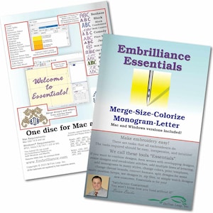 May include: Two brochures for Embrilliance Essentials embroidery software. One features a needle graphic and the text "Merge-Size-Colorize Monogram-Letter." The other shows software interface screenshots and the text "Welcome to Essentials!"