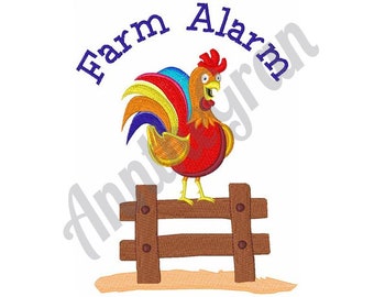 Farm Alarm - Machine Embroidery Design. Country Farm Rooster Embroidery Pattern. Farm Fence Embroidery Design