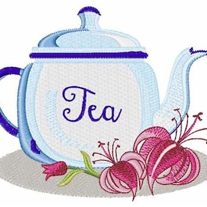 May include: Embroidered image of a light blue teapot with the word "Tea" in cursive. The teapot is decorated with dark blue trim and a matching handle. Pink and red flowers and leaves are at the base of the teapot.