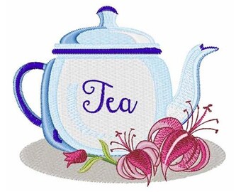 Floral Teapot - Machine Embroidery Design, Hot Tea Pot Embroidery Pattern, Flowers Embroidery Design