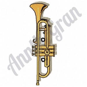 May include: A gold trumpet with a bell at the top and three valves. The trumpet is a musical instrument.