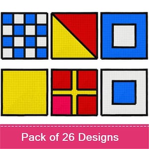 May include: A set of six square embroidered patches featuring nautical signal flag designs in blue, white, red, and yellow. The patches are arranged in two rows of three, with a pink banner at the bottom displaying the text Pack of 26 Designs.
