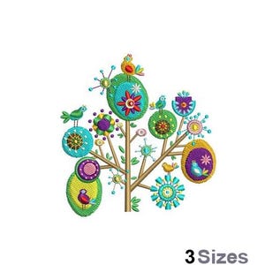 May include: Embroidered design of a colorful tree with birds and flowers. The tree has a brown trunk and branches with green, blue, yellow, and purple leaves. The birds are yellow, blue, and green. The flowers are red, yellow, blue, and purple.