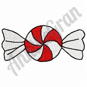 May include: A red and white peppermint candy wrapped in a white paper wrapper with a twist at the end.