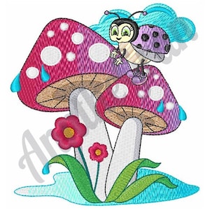 Ladybug And Mushrooms - Machine Embroidery Design. Toadstool Embroidery Pattern. Ladybird Beetle Embroidery Design