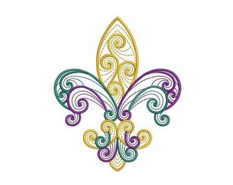 Flor de lis ondulada - Diseño de bordado a máquina, patrón de bordado del símbolo del Mardi Gras, bordado de flor de lis, símbolo heráldico de la flor de lis