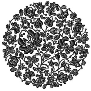 May include: A circular black floral embroidery design on a white background. The design features various flowers, leaves, and stems, creating a detailed and intricate pattern. The embroidery is dense, with a high level of detail.