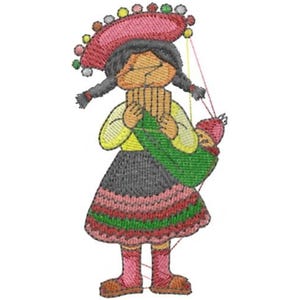 May include: Embroidered image of a person playing a pan flute, wearing a pink hat with colorful pom-poms, a yellow shirt, and a gray and pink skirt. A green bag on the person's back holds a baby wearing a pink hat. The image is on a white background.