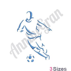 Puede incluir: Un contorno azul de un jugador de fútbol pateando un balón. El jugador está en el aire, con la pierna extendida para patear el balón. El balón es redondo y tiene un patrón blanco y negro.