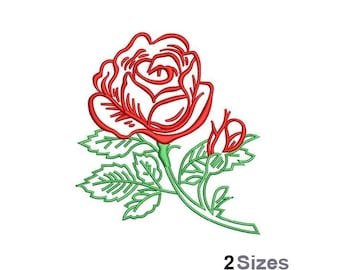 Rote Rose Kontur - Maschinenstickerei, 2 Größen, Stickdatei Rote Rose Stem, Valentinstag Rose Stickdatei