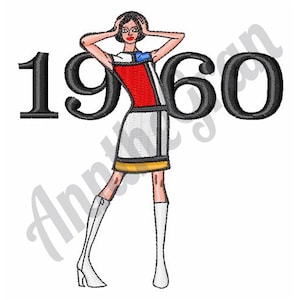 1960年代の女性向け刺繍デザイン。機械刺繍デザイン。ファッションレディのパターン。ヴィンテージガールデザイン。ミニスカートレディデザイン。ニーハイブーツ