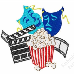 Movie Night & Theater Masks Machine Embroidery Design, Popcorn Bucket Embroidery Design, Digital Download