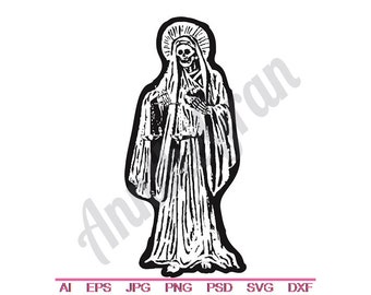 Statua di Santa Muerte in formato SVG, DXF, EPS, PNG, Jpg, grafica vettoriale, clipart, file di taglio. Santa Morte in formato SVG. File di taglio di Halloween. Statua religiosa in formato SVG.