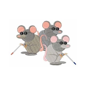 Puede incluir: Diseño bordado con tres ratones de dibujos animados que llevan gafas de sol y sostienen bastones. Los ratones tienen cuerpos grises, orejas y colas rosas. Los bastones tienen puntas rojas y azules. Sobre fondo blanco.