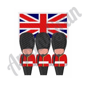 May include: Three cartoon British guards in red uniforms and black bearskin hats stand in front of a Union Jack flag.
