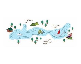 Summer Lake Vacation - Machine Embroidery Design, Fishing Man Embroidery Pattern, Pine Trees Scene Embroidery Design, Lake House Embroidery