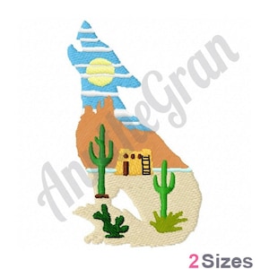 May include: An embroidered design of a howling coyote silhouette with a desert landscape inside. The coyote is blue and white, the desert is brown and orange, and there are green cacti and a small adobe house with a ladder.
