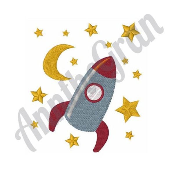 Toy Rocket Ship On Moon Embroidery Design. Machine Embroidery Design. Rocket Ship Embroidery Pattern. Stars Pattern. Toy Rocket Embroidery