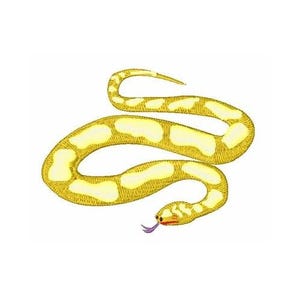 Könnte beinhalten: Eine gelbe Schlange mit einem hellgelben Muster, die sich in Form einer Acht windet. Die Schlange hat eine rote Zunge.