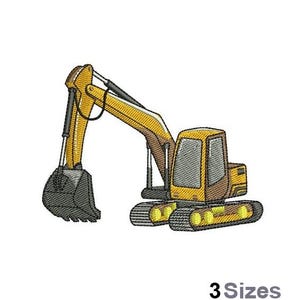 Op de afbeelding: Gele en zwarte graafmachine met een grote bak en rupsbanden. De graafmachine is in cartoon-stijl.