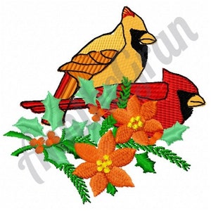 Diseño de bordado de cardenal navideño. Diseño de bordado a máquina. Patrón de bordado de acebo. Diseño de flor de Pascua. Decoración navideña.