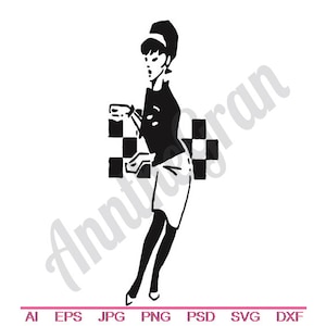 May include: Black and white illustration of a woman with a short bob haircut wearing a black sweater and a skirt, standing in front of a chequered pattern.