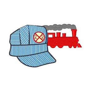 May include: An illustration of a blue and white striped conductor's hat with a red and white railroad emblem. A red train with gray smoke is to the right of the hat. The image is on a white background.