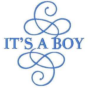 May include: Blue and white embroidery design with the text "It's a Boy" in a decorative font.