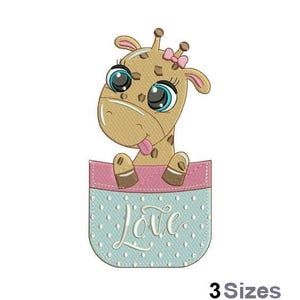 May include: Embroidered design of a cute giraffe with big eyes peeking out of a blue pocket with white polka dots and the word "Love" written in white.