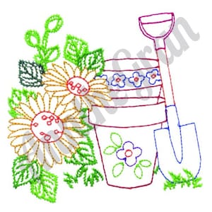 Gardening Embroidery Design. Machine Embroidery Design. Spring Flower Pot Pattern. Gardening Trowel Embroidery Design. Floral Embroidery