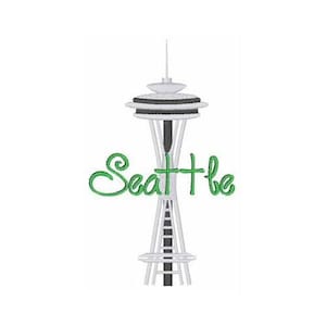 May include: A white and gray Space Needle with a green "Seattle" text overlay. The Space Needle is a famous landmark in Seattle, Washington.