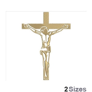 Op de afbeelding: Een gouden omtrek van een persoon op een kruis. De afbeelding is een religieus symbool.