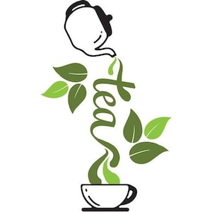 May include: A black and white illustration of a teapot pouring into a teacup. The word "tea" is written in green script, with green leaves and steam accents. The design is simple and elegant, perfect for tea lovers.