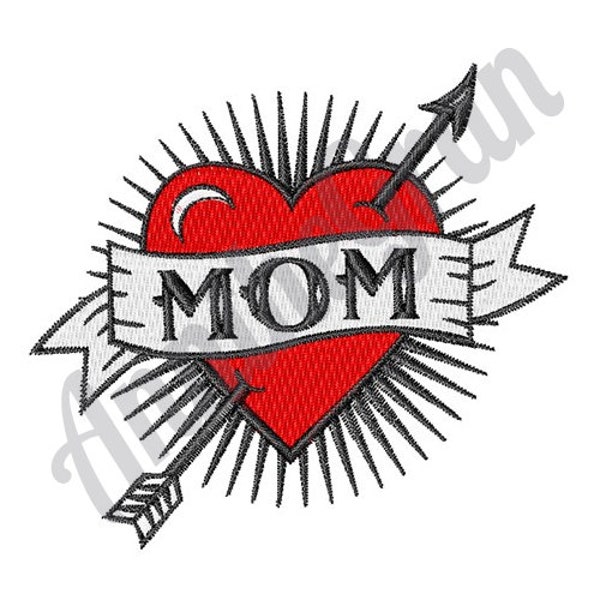 Mom Heart Tattoo Embroidery Design. Mother Heart Pattern. Machine Embroidery Design. Mother's Day Love Embroidery. Heart Love Arrow Pattern