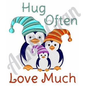 Penguin Family Embroidery Design. Machine Embroidery Design. Hug Often Love Much Saying. Penguin Mother & Father Pattern. Baby Penguin