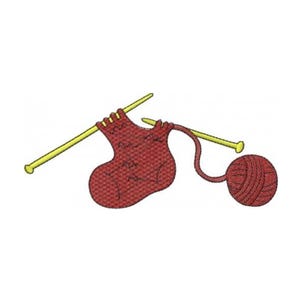 May include: A red sock being knitted with yellow needles and a ball of red yarn. The sock is partially completed, with the needles holding the stitches. The yarn is connected to the sock and the ball of yarn.