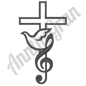 Puede incluir: Un dibujo en blanco y negro de una cruz con una paloma y una clave de sol.