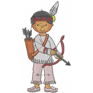 May include: A cartoon illustration of a Native American person wearing a feathered headdress and holding a bow and arrow. The person is wearing a white shirt with red trim and brown pants. The person has brown skin and black hair.