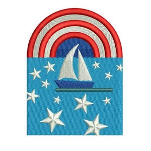May include: Embroidered design featuring a sailboat with white sails on a blue sea, surrounded by white stars. Above, a red, white, and blue arched design. The design is reminiscent of patriotic themes and nautical imagery.