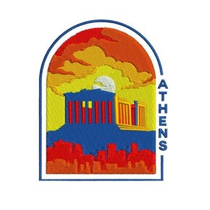 May include: Embroidered patch featuring a stylized depiction of Athens. The design includes a blue structure with red columns, set against a sunset sky of orange and yellow hues. The word "ATHENS" is vertically displayed.