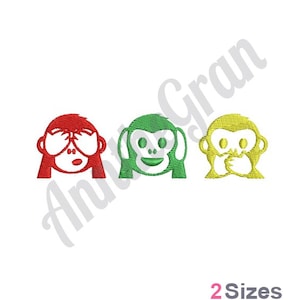 May include: Three stylized monkey faces, each with a different expression. The monkey on the left has its hands over its eyes, the middle monkey has its hands over its ears, and the monkey on the right has its hands over its mouth. The monkeys are red, green, and yellow.