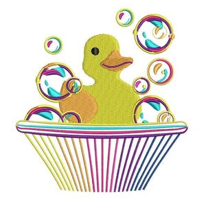 May include: An embroidered design of a yellow rubber duck in a colorful tub with bubbles. The duck has an orange beak and a black eye. The bubbles are outlined in teal, purple, and yellow. The tub has a striped rim and vertical lines.