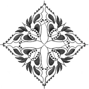May include: A symmetrical, black and white floral design. The design is a diamond shape with four heart-shaped elements at the center, surrounded by leaves and dotted edges. The image is a detailed illustration.